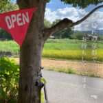 秋晴れの京都でお待ちしています　出産祝いの木のおもちゃarumitoyのOPEN旗と田んぼの風景