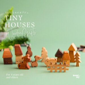 Tiny Houses 木のおうちと動物の小さな木製オブジェセットの写真